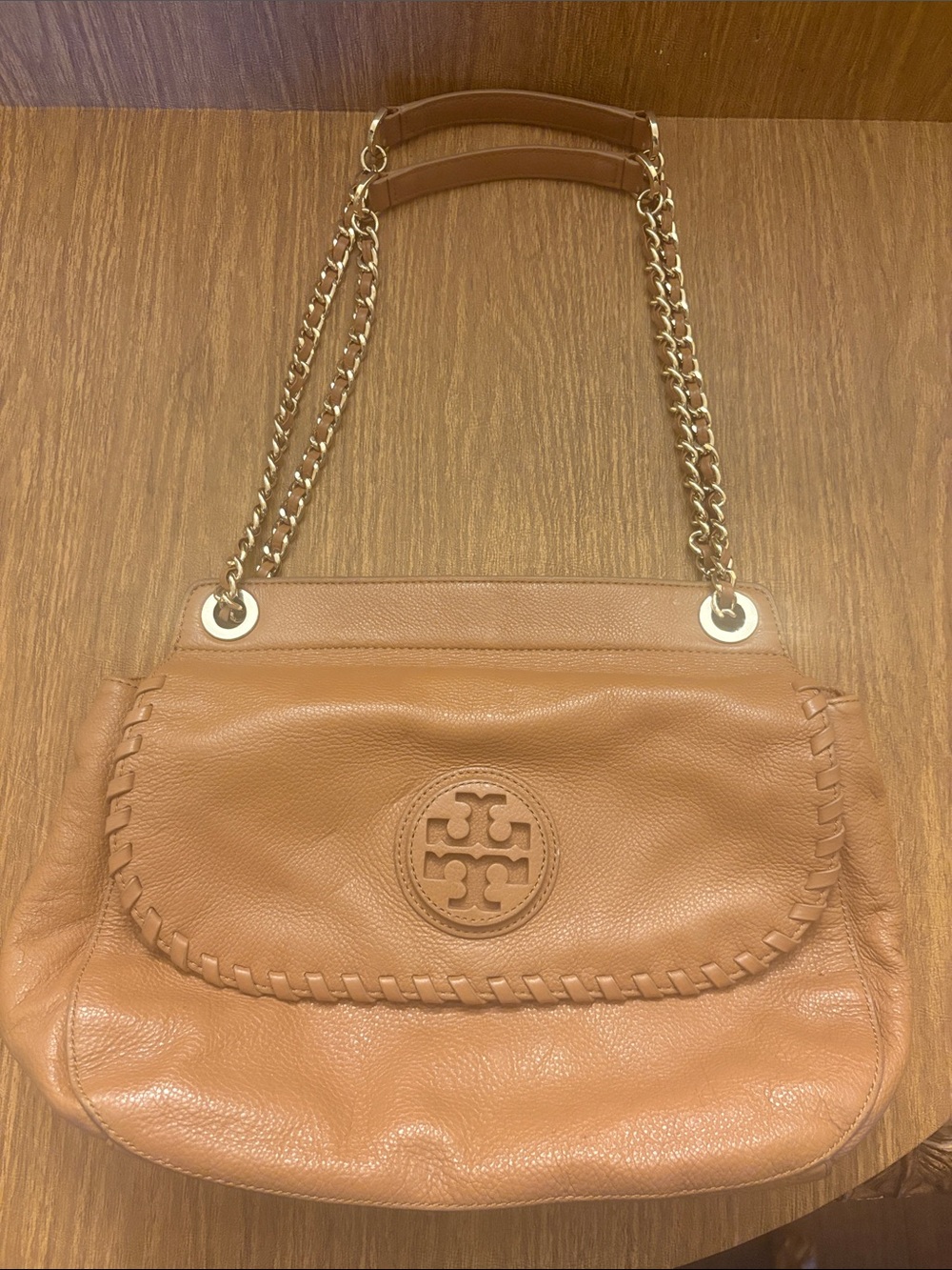 Tory Burch Caramel Leather Whipstitch Shoulder Bag with Gold Chain
